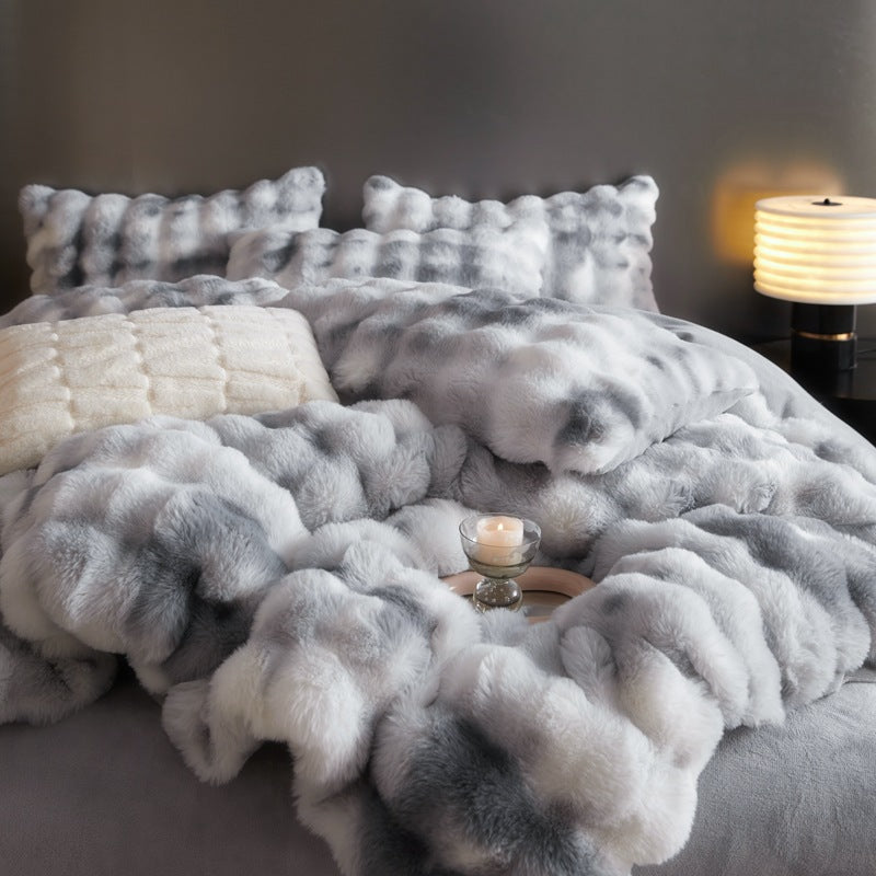 Parure de lit 4 pièces en velours et fourrure drap-housse