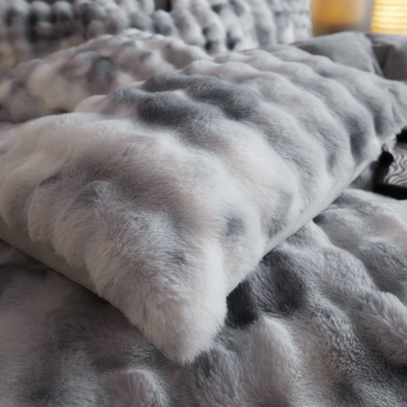 Parure de lit 4 pièces en velours et fourrure drap-housse