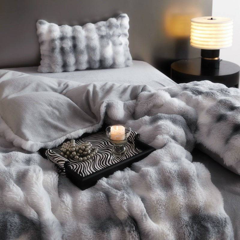Parure de lit 4 pièces en velours et fourrure drap-housse