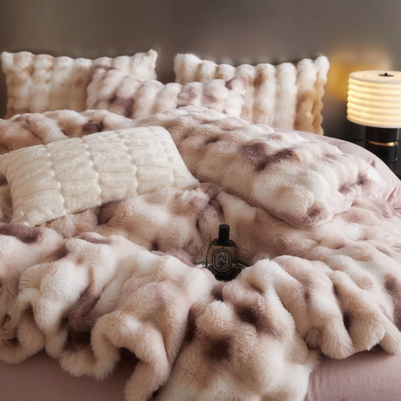 Parure de lit 4 pièces en velours et fourrure drap-housse