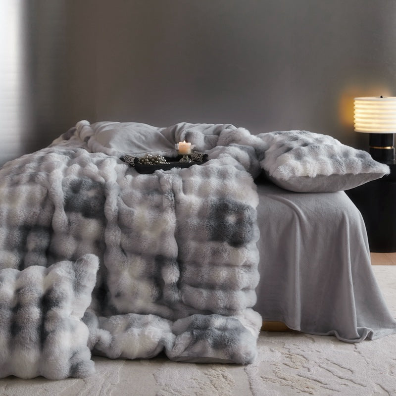 Parure de lit 4 pièces en velours et fourrure drap-housse